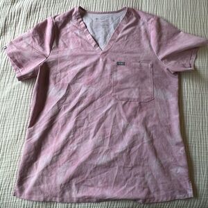 Figs Pink Tie-Dye V-Neck Short Sleeve Scrub Top